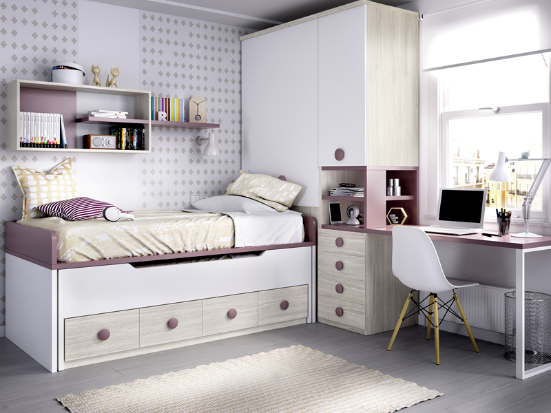 Juvenil con armario rincón y cama deslizante